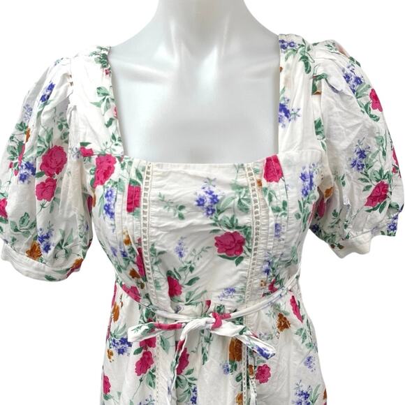 L.O.V White Multicolor Floral Puff Sleeve Square Neck Tie Waist Midi Dress Sz S - Picture 3 of 5
